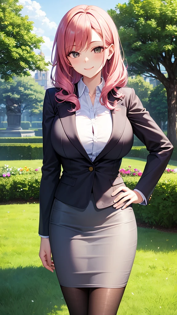 masterpiece, best quality, high detail, beautiful business woman, wavy hair, pink hair, large bust, black blazer, blouse, sleeves rolled up, gray pencil skirt, heels, looking at viewer, wide eyed, upper body, garden, grass, park, tree, hand on own hip, smile