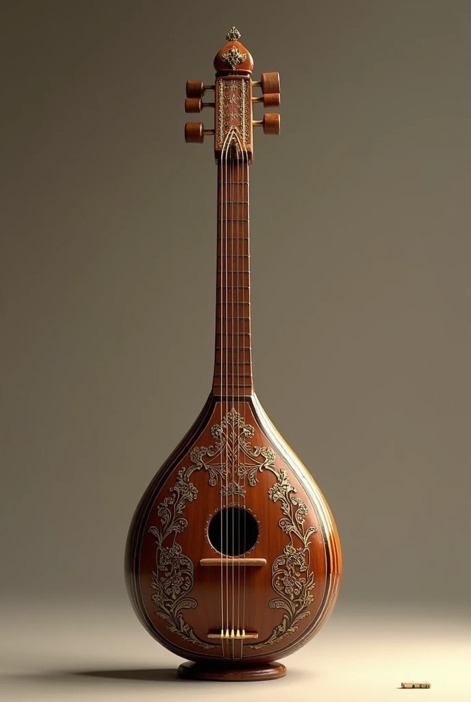 A square realistic image of aesthetic antique royal indian classical music instrument named "Tanpura" which has 4 strings, a resonator at the bottom, a 3.5 feet long fingerboard which has no fred and 4 pegs on the peg box on the top