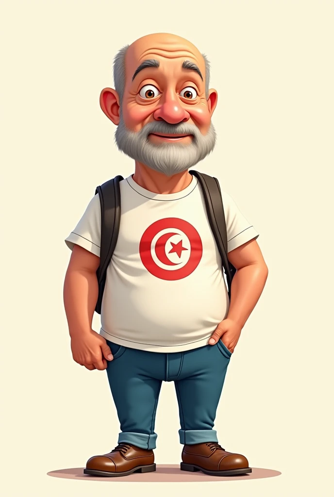 Cartoon of a 40-year-old man, bald, thin, clean-shaven, carrying a small backpack on his back, wearing a T-shirt of the Tunisian Esperance Sportive de Tunis
