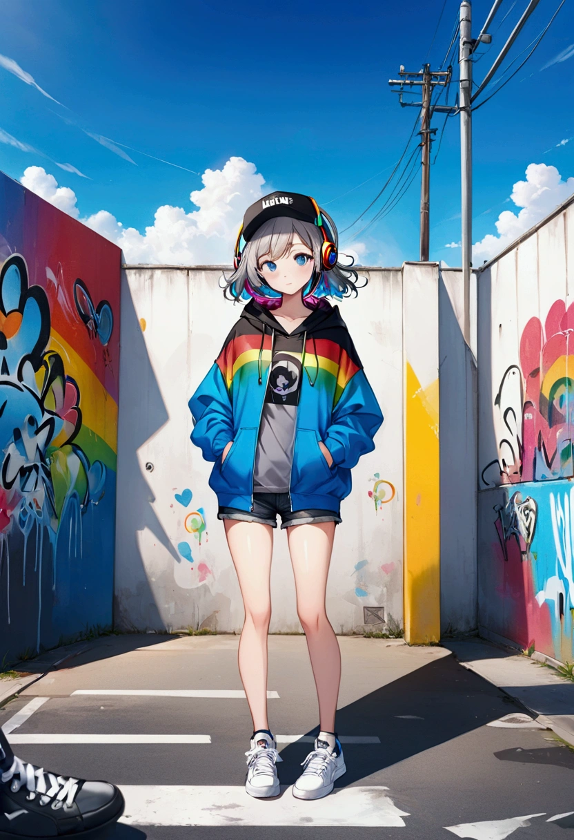 HD 8k handsome sexy cute, Lonely, 1 female, Medium length hair, Gray Hair, Rainbow Hair, blue eyes, Rainbow Headphones, hoodie, colored hoodie, Black Tracker Hat, Hip hop style large hooded jacket、Denim shorts, sneakers, human center, Outdoor, blue sky, White cloud, Graffiti Popular Spray Art Wall,