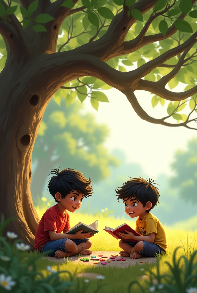They were both very good friends and always played and studied together.
"Meghraj and Tanishk playing a game and studying together under a large tree, showing their strong friendship."