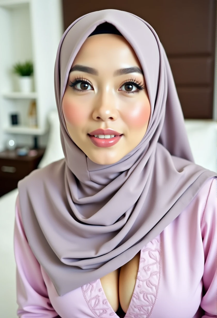 ((best quality)), ((masterpiece)), (detailed), perfect face malay women wear hijab big breast naked crotch at bed show vagina