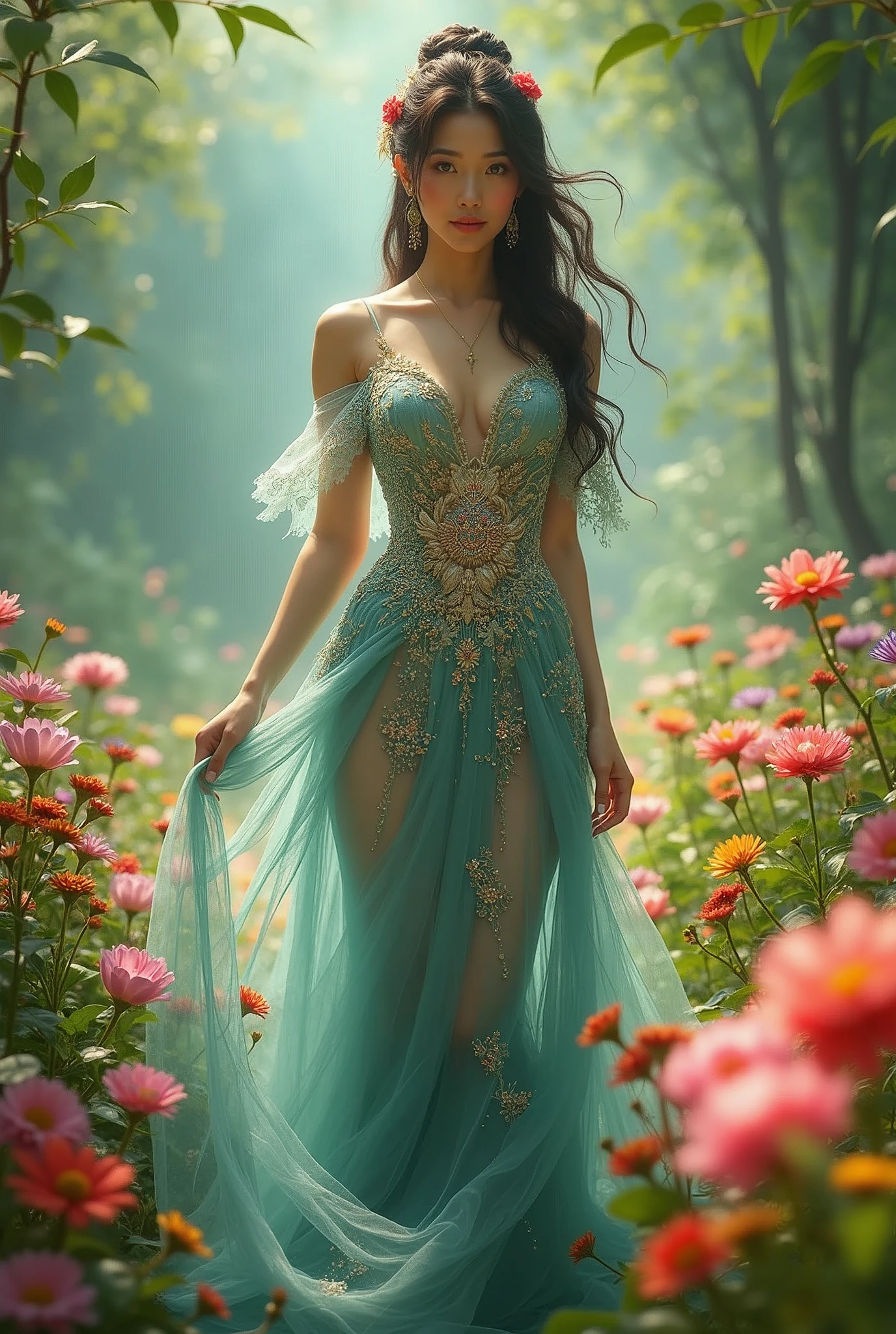 A Vietnamese woman with big breasts, wearing a dress made of flowers, under her feet and behind her is a forest of blooming flowers, with all kinds of flowers in many colors, each flower is blue, red, yellow, green, purple, with sunlight shining through the leaves, on the mountains in the distance are mountains with white clouds swirling around, wearing a gorgeous outfit, gorgeous dress, intricate dress, elegant fire dress, gorgeous and elegant, lavish dress, inspired by Hedi Xandt, gorgeous dress, intricate dress, gorgeous royal dress, gorgeous clothes, gorgeous dress, intricate and elegant, dress with intricate details, gorgeous, high heels, royal dress, detailed hands, Fire in the body, water on the dress, lightning element, fire element, lightning wings, full water, Transparent clothes, masterpiece, best quality: 1.2),, (8k, high resolution, RAW images, realistic, photorealistic: 1.3), (detailed skin texture, detailed cloth texture, detailed water, detailed trees, detailed textured flowers, detailed leaves, detailed colors, beautifully detailed faces: 1.25), professional lighting, photon mapping, beautiful soft lighting, brightness, physically based rendering, ray tracing, model shooting style, model shooting style, (Unity's super detailed 8k CG backgrounds), the world's most beautiful full body artwork, similar face https://photos.google.com/photo/AF1QipMr73g5fIzFk5WUNwuyjxhunUF2mCxsGUsVK1nb