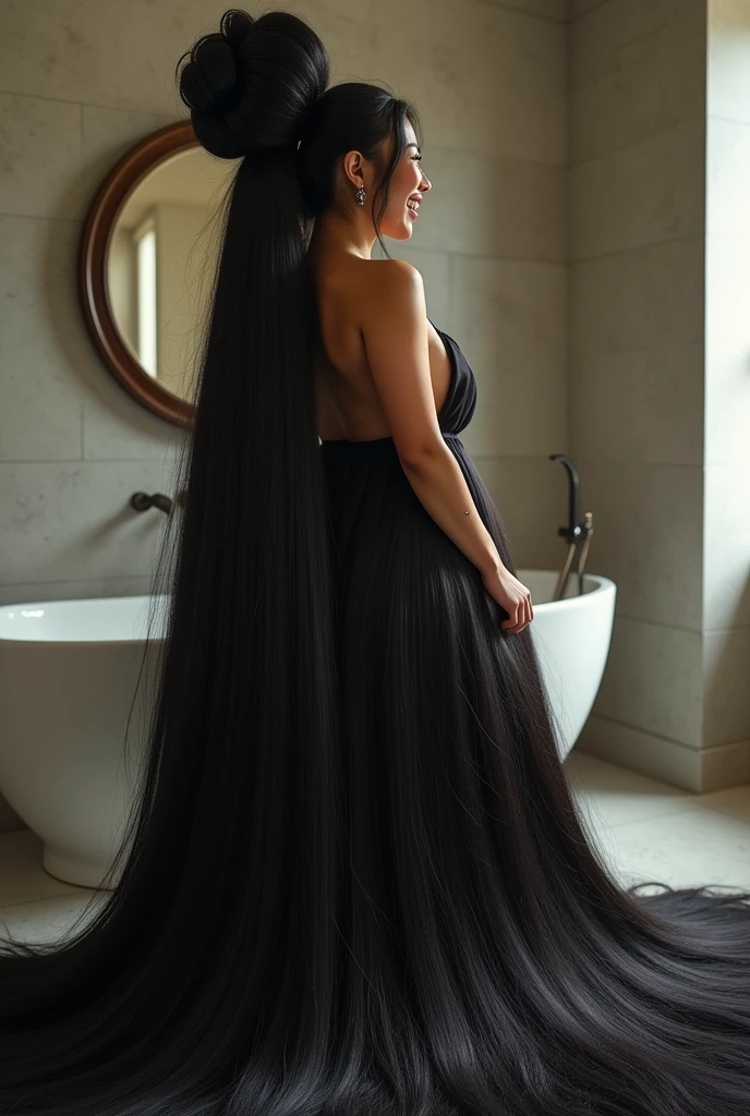 Beautiful Asian woman,((full body shot from hair to feet)), with a very large hair bun, the size of the bun is 8 times the size of her head, very large traditional Javanese hair bun, circular bun, shiny black hair, about 8 meters long hair, very shiny hair, loose hair filling the entire bathroom, the floor of bathroom is full of her long hair , straight hair,wearing towel on body, both hands holding a bun, gigantic breast, large breast,shaggy tits,bathroom atmosphere, laughing,(pose looking back over shoulder) ,
