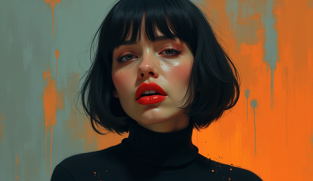 wallpaper, woman head, bob cut, sexual tension, red lips, sexy despair, sweat, loosing control, orgasm, artwork, conceptual artwork, void, abstract, orange blue, turtleneck
