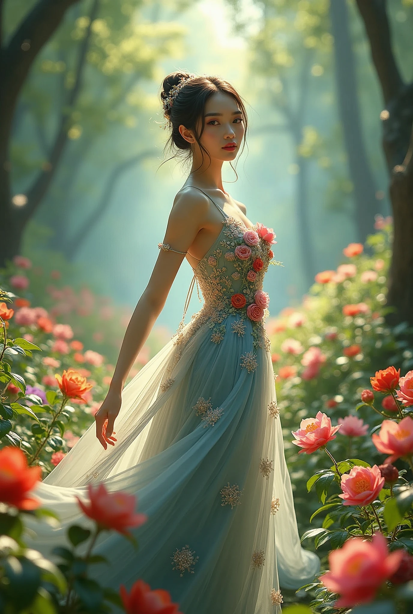 A Vietnamese woman with big breasts, wearing a dress made of flowers, under her feet and behind her is a forest of blooming flowers, with all kinds of flowers in many colors, each flower is blue, red, yellow, green, purple, with sunlight shining through the leaves, on the mountains in the distance are mountains with white clouds swirling around, wearing a gorgeous outfit, gorgeous dress, intricate dress, elegant fire dress, gorgeous and elegant, lavish dress, inspired by Hedi Xandt, gorgeous dress, intricate dress, gorgeous royal dress, gorgeous clothes, gorgeous dress, intricate and elegant, dress with intricate details, gorgeous, high heels, royal dress, detailed hands, Fire in the body, water on the dress, lightning element, fire element, lightning wings, full water, Transparent clothes, masterpiece, best quality: 1.2),, (8k, high resolution, RAW images, realistic, photorealistic: 1.3), (detailed skin texture, detailed cloth texture, detailed water, detailed trees, detailed textured flowers, detailed leaves, detailed colors, beautifully detailed faces: 1.25), professional lighting, photon mapping, beautiful soft lighting, brightness, physically based rendering, ray tracing, model shooting style, model shooting style, (Unity's super detailed 8k CG backgrounds), the world's most beautiful full body artwork, similar face https://photos.google.com/photo/AF1QipMr73g5fIzFk5WUNwuyjxhunUF2mCxsGUsVK1nb