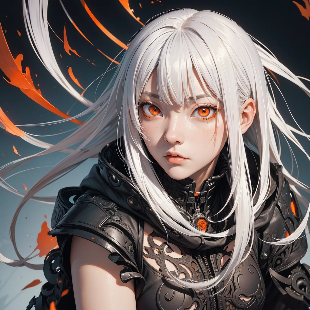 style of Tsutomu Nihei,(incredibly absurdres, (high resolution:1.18), intricate detail, (masterpiece:1.1), (highest quality:1.1), absurdres),(1girl, portrait, white hair, orange eyes, long hair, detailed eyes),