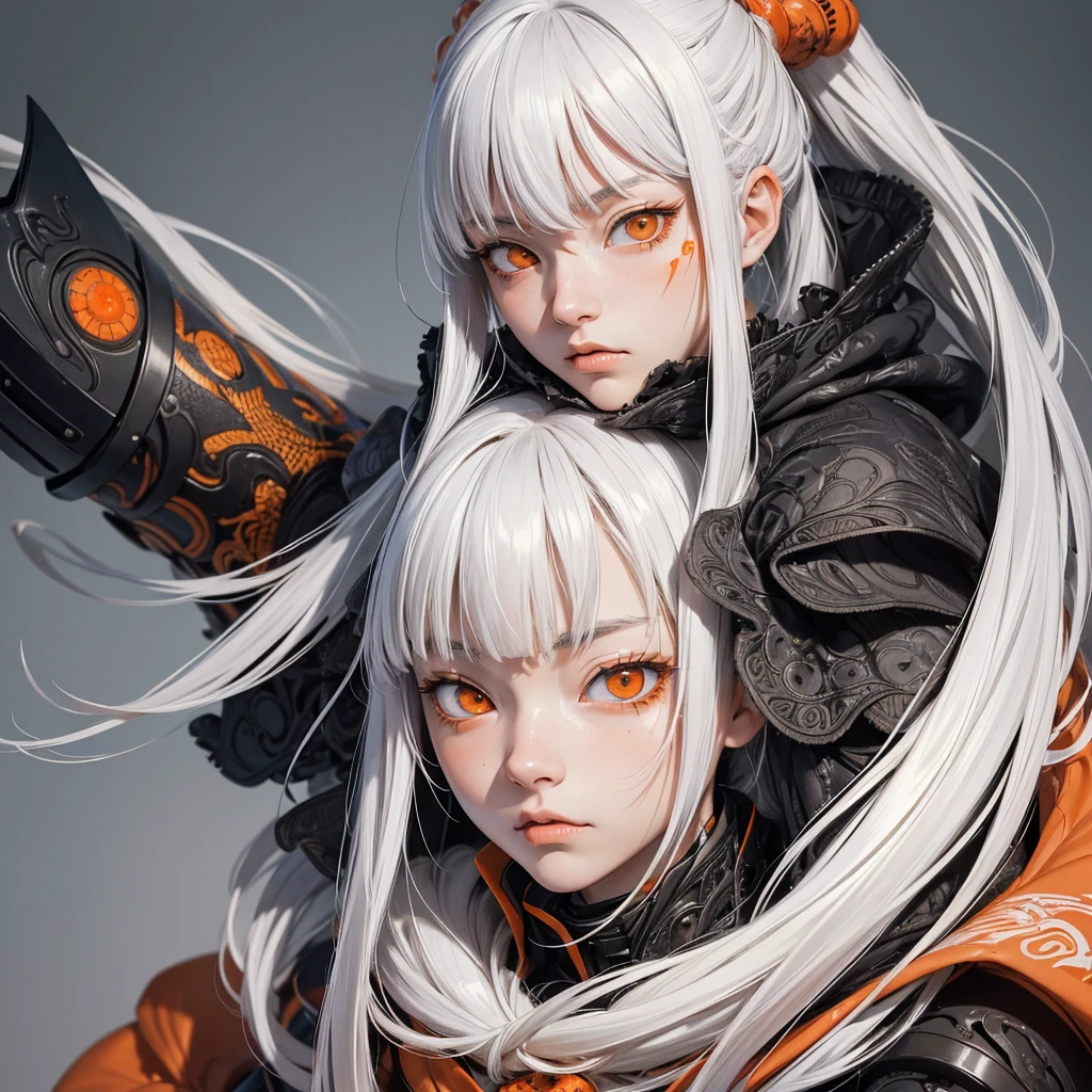 style of Tsutomu Nihei,(incredibly absurdres, (high resolution:1.18), intricate detail, (masterpiece:1.1), (highest quality:1.1), absurdres),(1girl, portrait, white hair, orange eyes, long hair, detailed eyes),