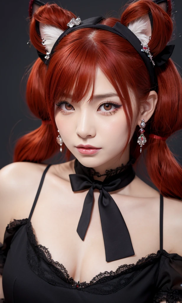 四つん這い, red hair, devil eyes, crystal earrings, grimace, bow hairband, cat hair ornament, twintails, first-person view, from below, UHD, anatomically correct, textured skin, high details, 1080P, HD, 4K, 8k, 8k