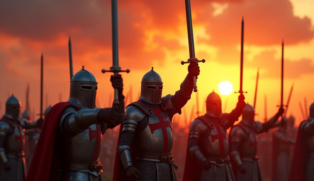 A highly realistic, high-contrast, 8K HD, detailed, hyper-detailed image of a group of Crusader knights in armor, raising their swords high, standing tall under a fiery sunset. The sky is ablaze with orange and red hues, casting a dramatic light over the scene. The knights, wearing steel armor with red crosses on their tunics, have their armor glinting in the fading sunlight. Their expressions are resolute, showing their readiness for battle. The atmosphere is intense and powerful, capturing the moment just before they charge into combat. The image is of the highest quality, with ultra-high resolution, RAW photo quality, and Unreal Engine rendering, depicting the Crusaders' strength and determination under the vibrant sunset.