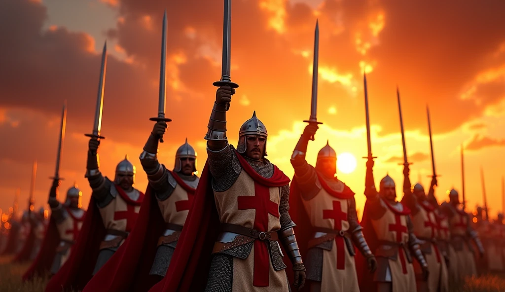 A highly realistic, high-contrast, 8K HD, detailed, hyper-detailed image of a group of Crusader knights in armor, raising their swords high, standing tall under a fiery sunset. The sky is ablaze with orange and red hues, casting a dramatic light over the scene. The knights, wearing steel armor with red crosses on their tunics, have their armor glinting in the fading sunlight. Their expressions are resolute, showing their readiness for battle. The atmosphere is intense and powerful, capturing the moment just before they charge into combat. The image is of the highest quality, with ultra-high resolution, RAW photo quality, and Unreal Engine rendering, depicting the Crusaders' strength and determination under the vibrant sunset.
