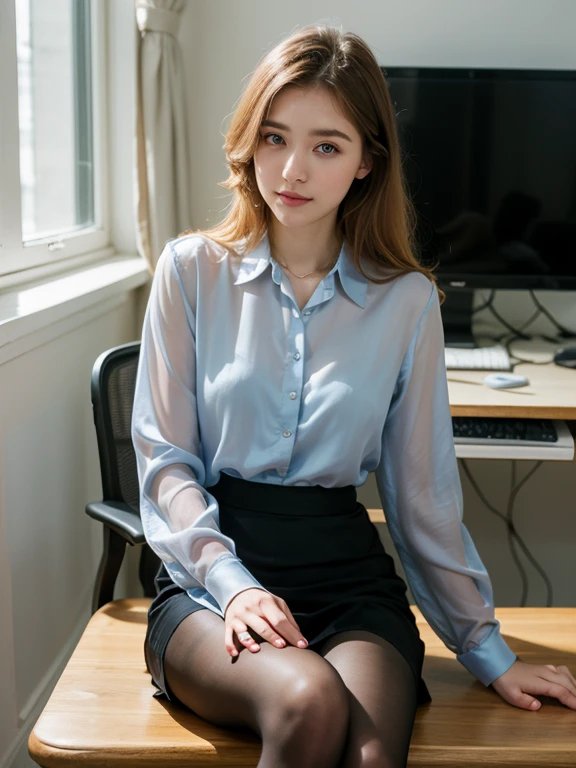 ulzzang-6500-v1.1, (RAW Photos:1.2), (Photorealistic), (See through:1.3), (Genuine:1.4), １With a girl、26 years old、, Ocean Blue Eyes(Eye details), A shy smile、Blonde semi-long hair、Curly Hair、European girl、(Elegant silk blouse:1.3), (Ultra-realistic pantyhose:1.3), (flare skirt:1.2), sitting in the office and working at the desk、Realistic skin texture、Glowing Skin、Exposed thighs!!! ,Makeup, epiC35mm