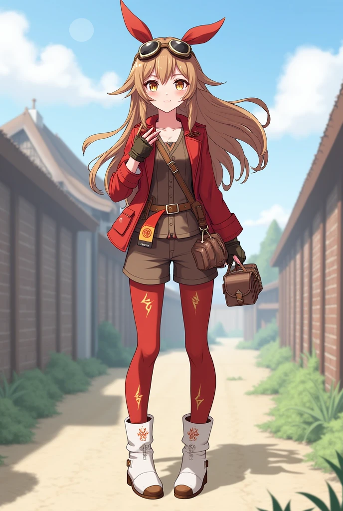 https://genshin-impact.fandom.com/wiki/Amber She have a brown hair and wears a red bow that is shaped like a bunny ears, brown pilot goggles, two small bags with leather belts, a red and brown glove, a Pyro sigil emblazoned on the red and orange ribbon, red jacket with long sleeves, a dark brown jumper outfit, and red stock on the white boots has symbols on it.