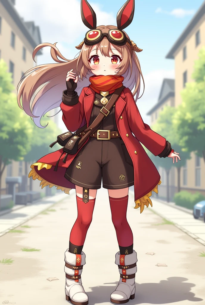https://genshin-impact.fandom.com/wiki/Amber She have a brown hair and wears a red bow that is shaped like a bunny ears, brown pilot goggles, two small bags with leather belts, a red and brown glove, a Pyro sigil emblazoned on the red and orange ribbon, red jacket with long sleeves, a dark brown jumper outfit, and red stock on the white boots has symbols on it.