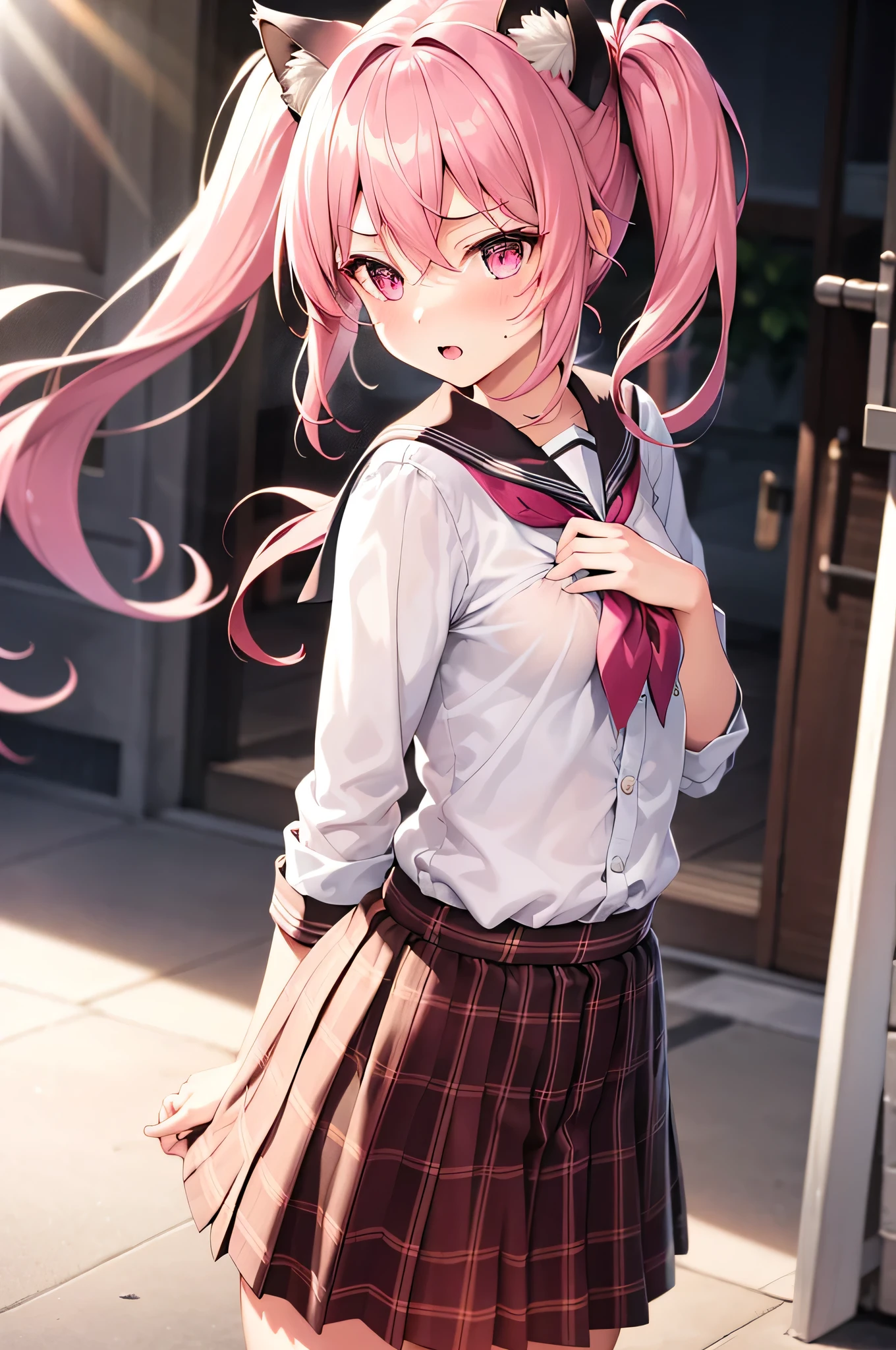 1girl, cat girl, Cat ears, grey hair, streaked hair, pink hair, long hair, hair between eyes, twintails, sailor collar, highly_detailed, Beautiful eyes, extremely_detailed_CG_unity_8k_wallpaper, highres, absurdres, beautiful_detailed_eyes, finely_detailed_clothing, finely_detailed_light, highly_detail_hair_, colorful, light rays, caustics, aistics, lens flare, bokeh, nsfw, A small chest, pink eyes, White silk stockings, JK Uniform Plaid Skirt, school uniform, Light pink mini skirt, blush, score_anime, score_9, score_8_up, masterpiece, The wind blows up the skirt, charming, sexually suggestive, lace lingerie, Pink underwear, park, low angle view