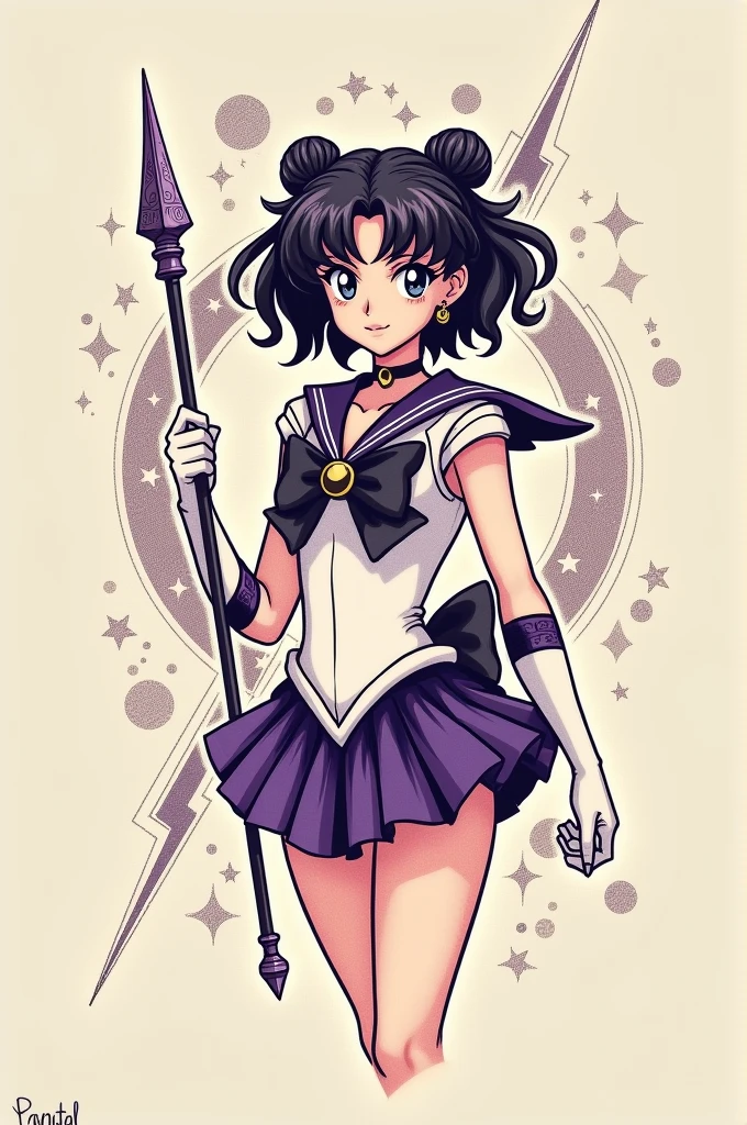 A tattoo design for a linework dotwork tattoo with the theme of Sailor Saturn from Sailor Moon