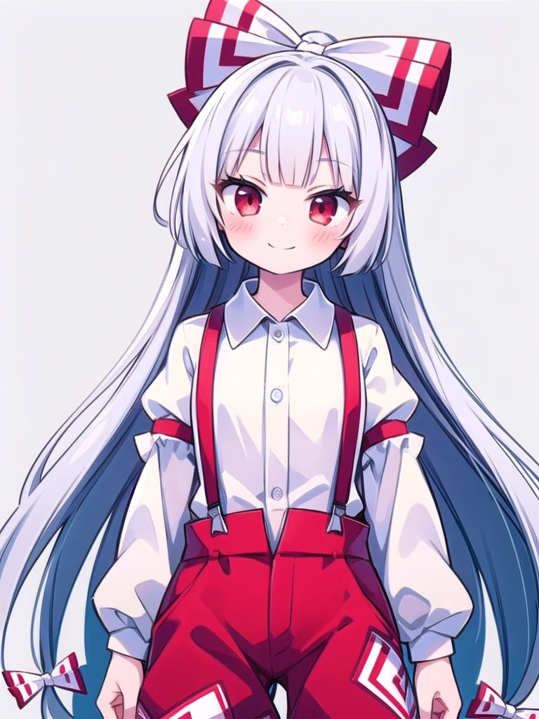 1girl, masterpiece, best quality, perfect hands, blush, smile, closed mouth, blunt bangs, fujiwara no mokou, very long hair, suspenders, long sleeves, red eyes, white hair, bow, ribbon, hair bow, pants, hair ribbon, shirt, multiple hair bows, white bow, white ribbon, cowboy shot
