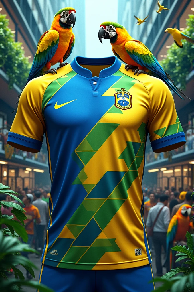 Brazil shirt blue and yellow with green details, macaws on the bus and geometric
