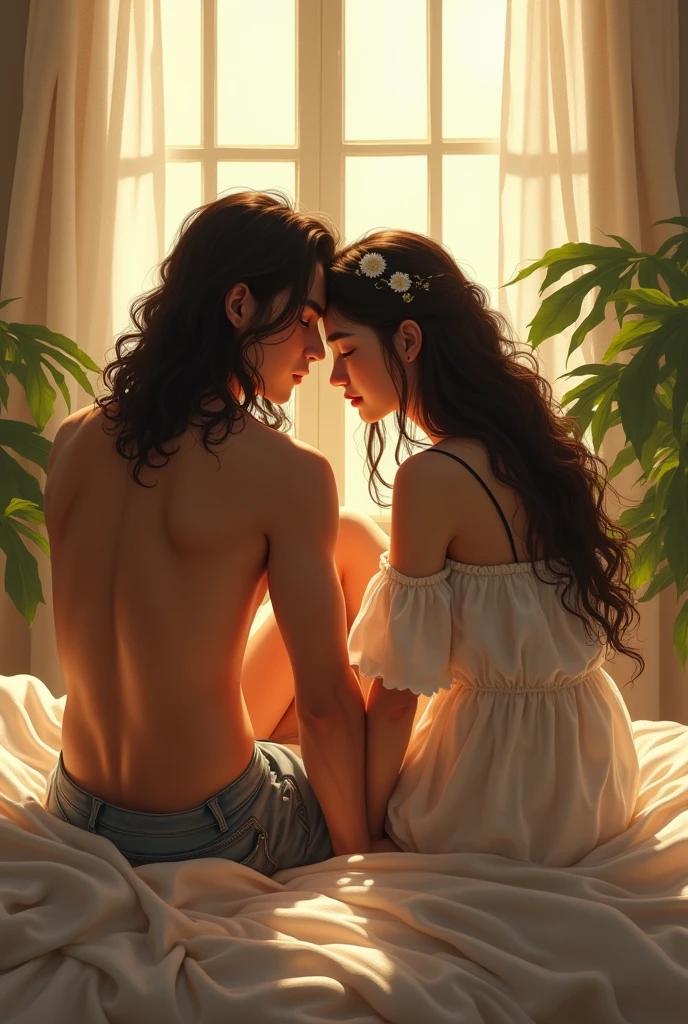 (photorealism:1.2), beautiful asian woman with handsome asian man with longhaired , sitting on bed, wearing loose off-shoulder top, pajama pants, long curly hair, indoors, soft lighting, plants in background, window with sunlight, cozy room, relaxed pose, realistic, intricate details, warm colors, by Greg Rutkowski, by Alphonse Mucha