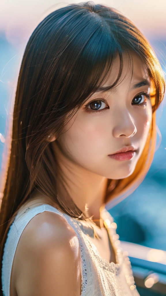 Masterpiece, 1 Beautiful Girl, (Reality 1.4), Japanese, Asian Beauty, Super Beautiful, Beautiful Skin, Thin, (Full Body Image), (Ultra Reality), (High Resolution), (8K), (Very Fine) , (beautiful detailed eyes), (very detailed), (detailed eye description), big eyes, brown eyes, long eyelashes, detailed face, shiny lips, bright lighting, professional lighting, camera Line of sight, serious expression, looking straight ahead, long hair, brown hair, seascape, Nogizaka idol, actress, 20 years old, white shirt, cleavage cut, baby face, moist and realistic skin texture, moist lips, natural shadow, (Raises arm)