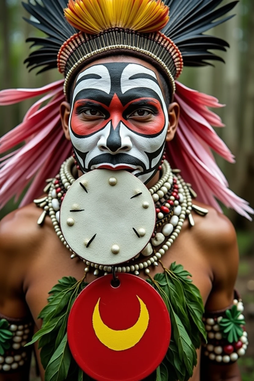 A dramatic headshot of a Papua New Guinean Highlander warrior with intricate face paint in stark white, black, red, and yellow. A large, circular white disc covers the warrior’s mouth. The warrior wears a towering headdress adorned with black, red, yellow, pink, and green feathers, accented with beads and shells. A layered necklace of green leaves with a prominent red crescent moon pendant adorns the warrior's neck. The warrior's chest is adorned with a red plate featuring a yellow crescent moon.