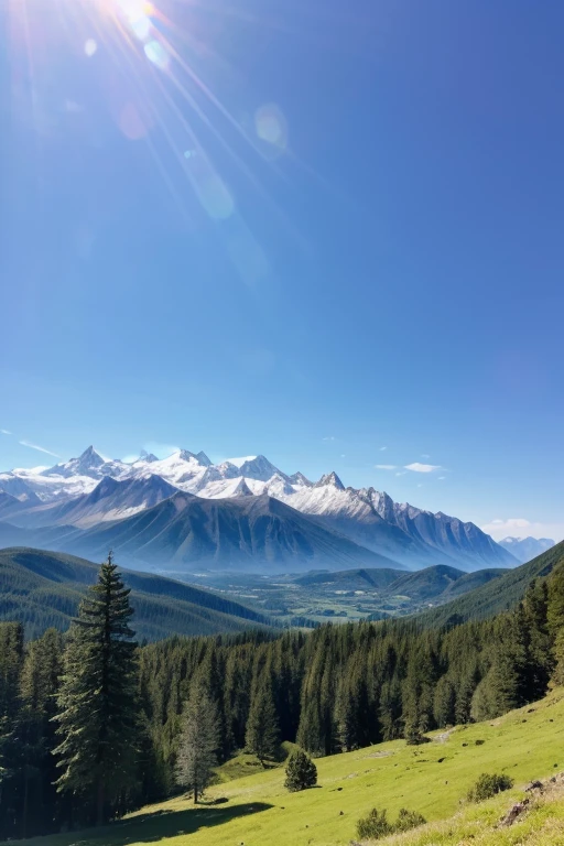 Landscape, low mountains with trees, blue sky