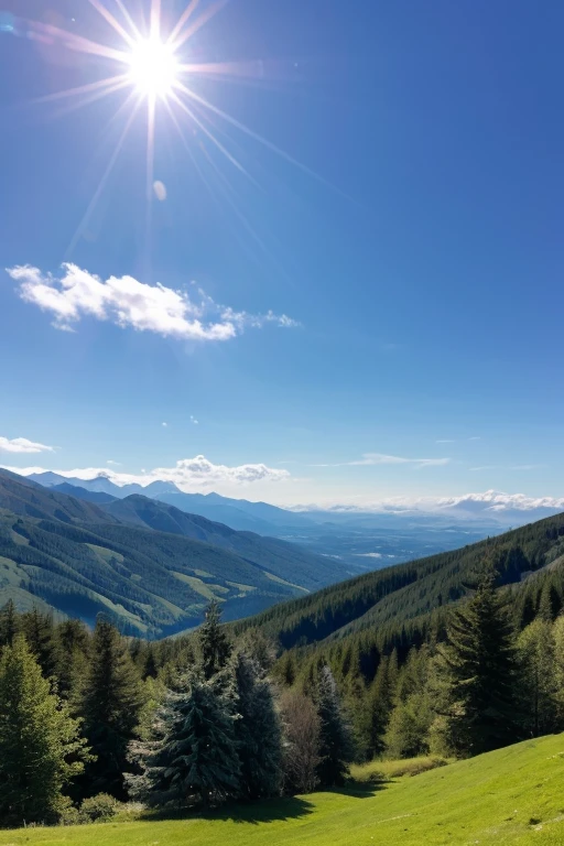 Landscape, low mountains with trees, blue sky