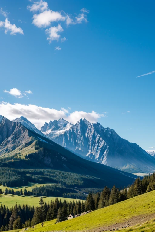 Landscape, low mountains with trees, blue sky