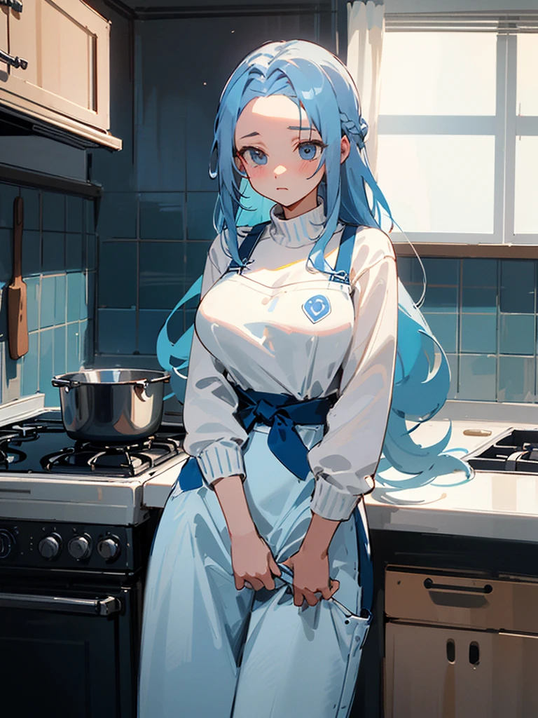 ((Highest quality)), ((masterpiece)),(Prevention of drawing errors) First Person View(Includes body depiction) Light blue hair Center part long hair Hair Curtain (Forehead Baring) Adult women Big Breasts(F Cup) White vertical sweater with light blue ribbon Jeans pants Navy blue apron Make a dish kitchen
