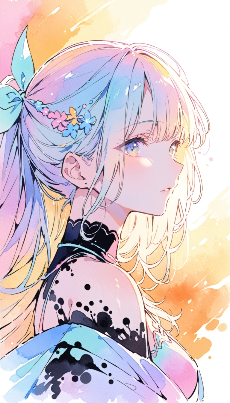 (8k, Highest quality, masterpiece:1.2),(Highest quality:1.0), (Ultra-high resolution:1.0), watercolor, Beautiful woman, shoulder, Hair Ribbon, Agnes Cecil, Half Body Portrait, Super bright design, pastel colour, (ink:1.3), Autumn Light,