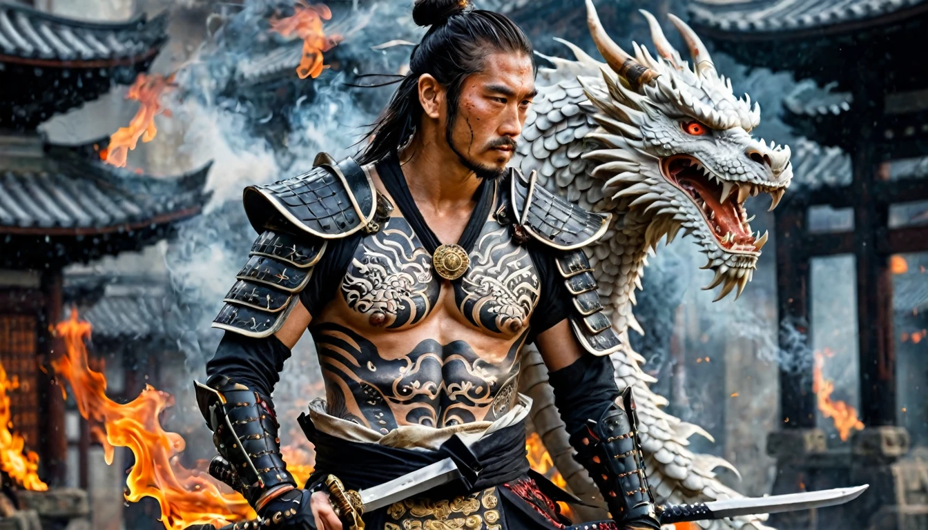 warrior samurai with a white dragon tattoo on his side, muscular, amazing sword, samurai armor, boninto, scars, highy detailed, intrikate, flames emanating from the body, ancient japanese city armor, misty, hyper detailled, tattoo's