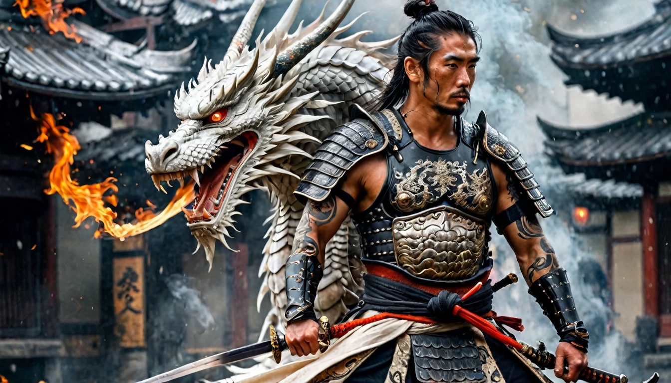 warrior samurai with a white dragon tattoo on his side, muscular, amazing sword, samurai armor, boninto, scars, highy detailed, intrikate, flames emanating from the body, ancient japanese city armor, misty, hyper detailled, tattoo's