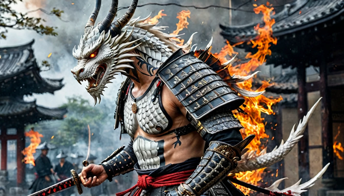 warrior samurai with a white dragon tattoo on his side, muscular, amazing sword, samurai armor, boninto, scars, highy detailed, intrikate, flames emanating from the body, ancient japanese city armor, misty, hyper detailled, tattoo's