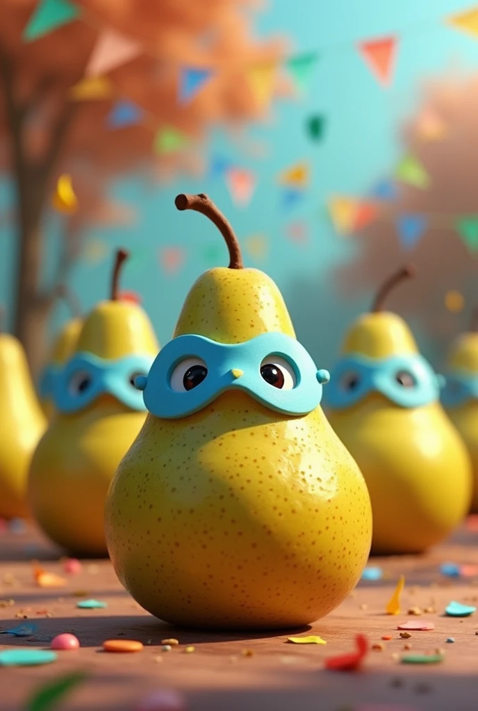 Cute pears wearing a blue party mask over their eyes in Pixar style