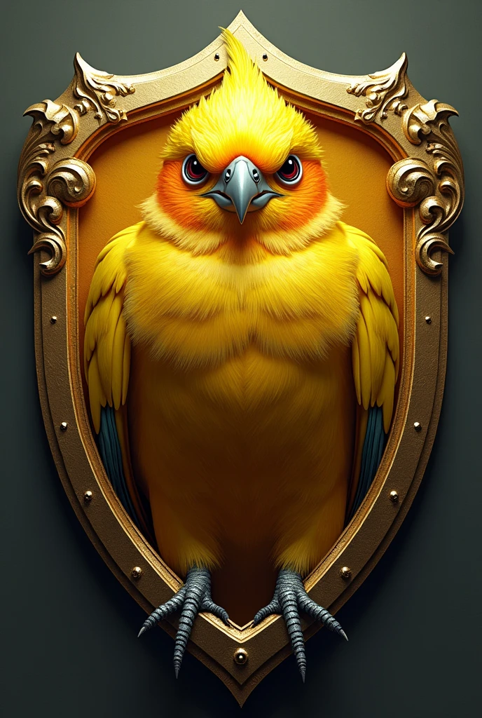 Create an unrealistic shield with a canary in front of it in yellow and with the name CANARINHOS FC inside the shield