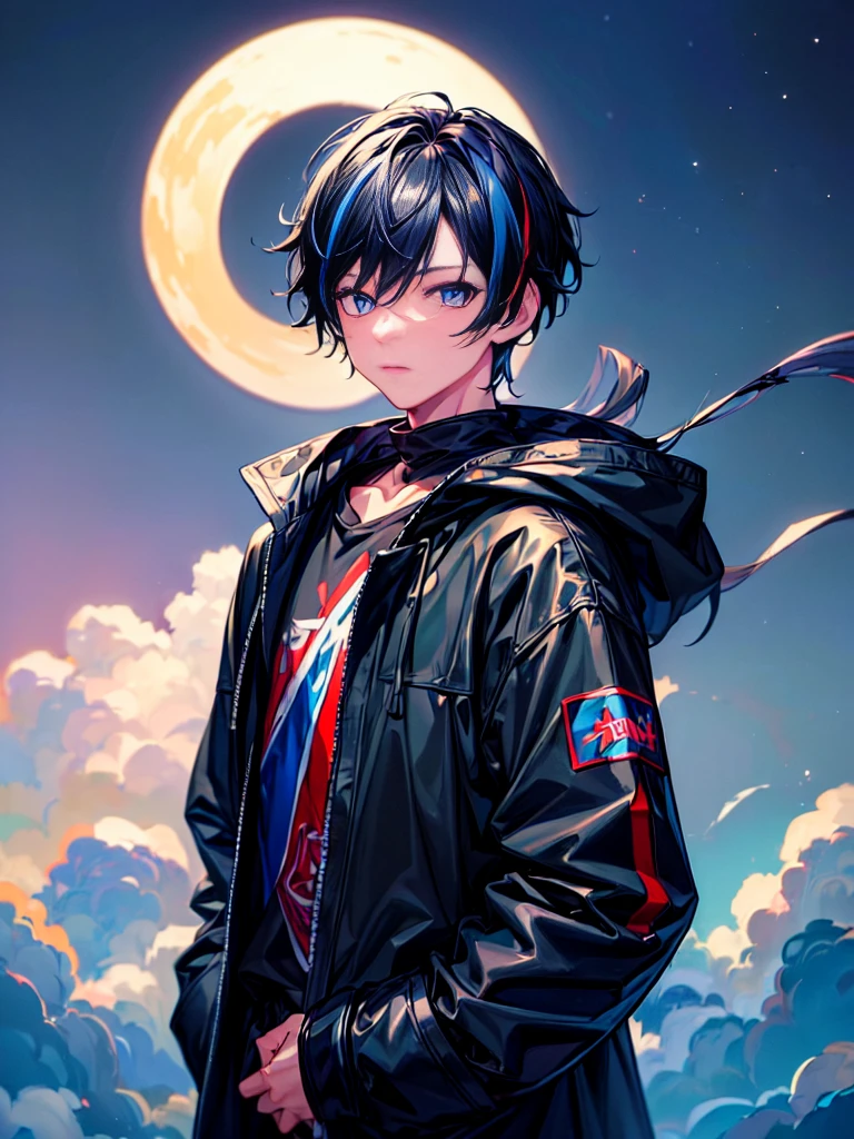 [(MOONLIGHT BACKGROUND:1.5),::5], ((((masterpiece)))), high quality, ultra very high resolution, full color, (((solo))), ((little boy)), BLACK hair, ((Blue streaked short hair)), (oriental deepblue eyes), anime, ((upper body)), Summer clothes, black parka,