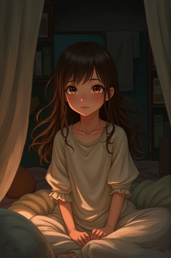 Girl with brown hair and brown eyes inside room 