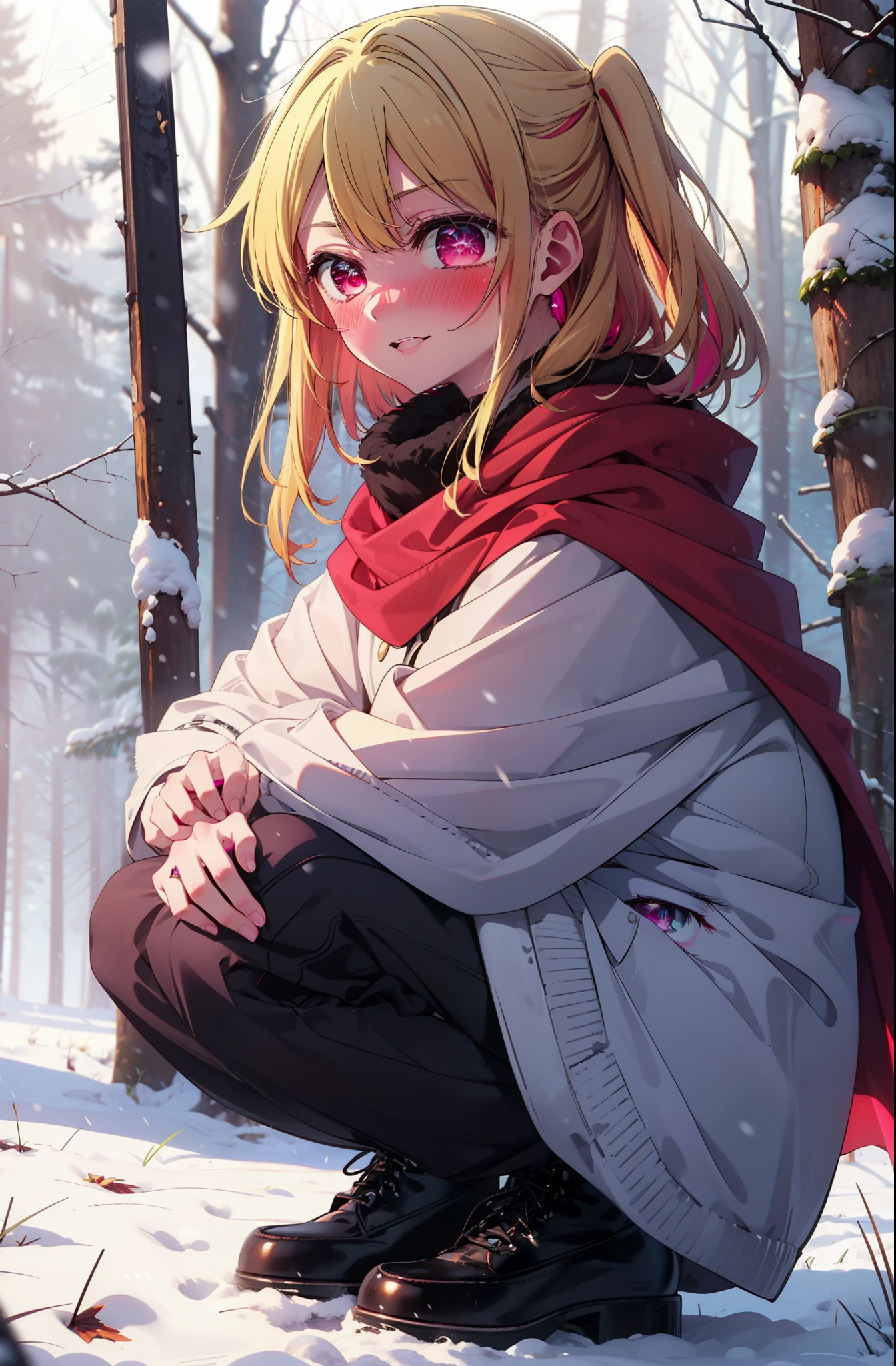 rubyhoshino, Hoshino Ruby, Long Hair, bangs, Blonde, (Pink Eyes:1.3), (Symbol-shaped pupil:1.5), Multicolored Hair, Two-tone hair, smile,blush,white breath,
Open your mouth,snow,Ground bonfire, Outdoor, boots, snowing, From the side, wood, suitcase, Cape, Blurred, , forest, White handbag, nature, Squat, Mouth closed, Cape, winter, Written boundary depth, Black shoes, red Cape break looking at viewer, Upper Body, whole body, break Outdoor, forest, nature, break (masterpiece:1.2), Highest quality, High resolution, unity 8k wallpaper, (shape:0.8), (Beautiful and beautiful eyes:1.6), Highly detailed face, Perfect lighting, Highly detailed CG, (Perfect hands, Perfect Anatomy),