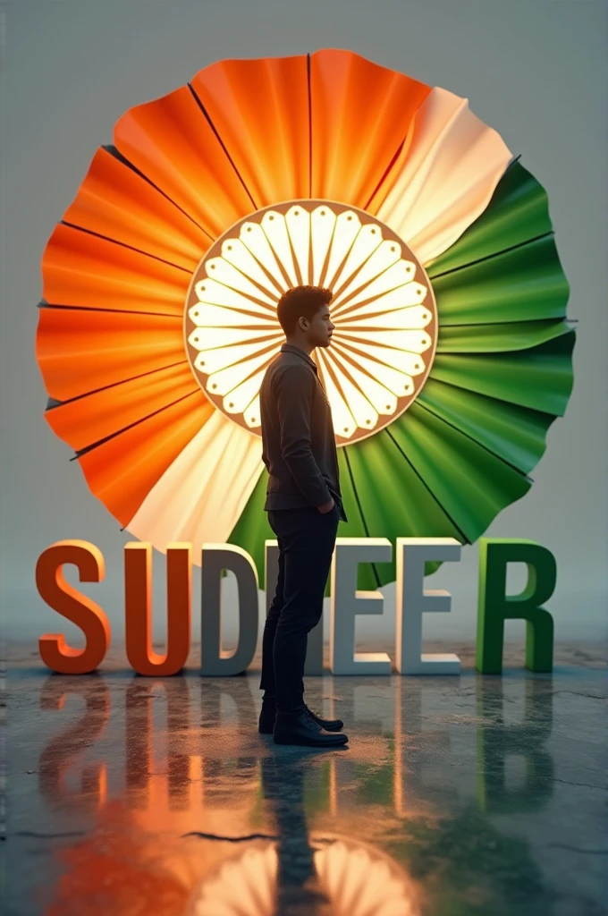 A silhouette of a person stands against a large, illuminated circle featuring the Indian flag colors (saffron, white, and green) and the Ashoka Chakra in the center. Below the circle, the Text "SUDHEER GOUD" is displayed in bold, stylized letters: orange S, gray A, white M, and green IR. The shiny floor reflects the vibrant colors, typography, 3d render