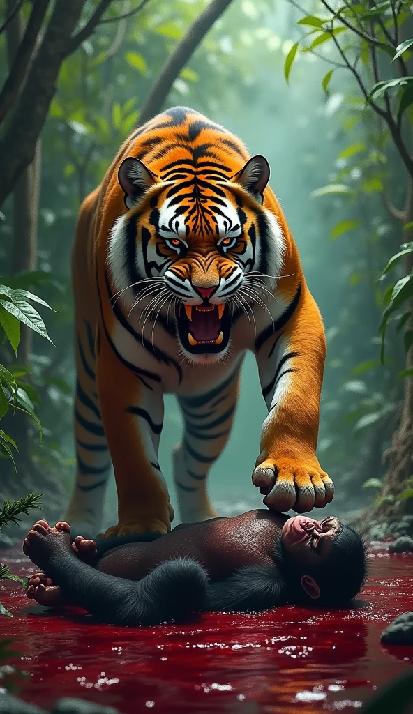 Tiger killed the chimpanzee with blood