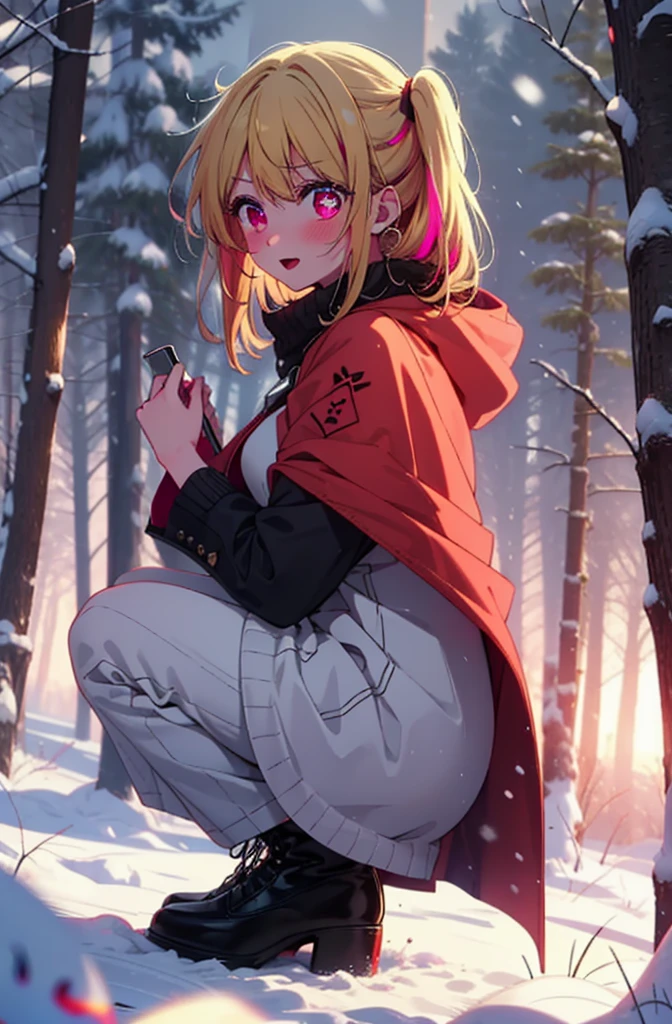 rubyhoshino, Hoshino Ruby, Long Hair, bangs, Blonde, (Pink Eyes:1.3), (Symbol-shaped pupil:1.5), Multicolored Hair, Two-tone hair, smile,blush,white breath,
Open your mouth,snow,Ground bonfire, Outdoor, boots, snowing, From the side, wood, suitcase, Cape, Blurred, , forest, White handbag, nature, Squat, Mouth closed, Cape, winter, Written boundary depth, Black shoes, red Cape break looking at viewer, Upper Body, whole body, break Outdoor, forest, nature, break (masterpiece:1.2), Highest quality, High resolution, unity 8k wallpaper, (shape:0.8), (Beautiful and beautiful eyes:1.6), Highly detailed face, Perfect lighting, Highly detailed CG, (Perfect hands, Perfect Anatomy),