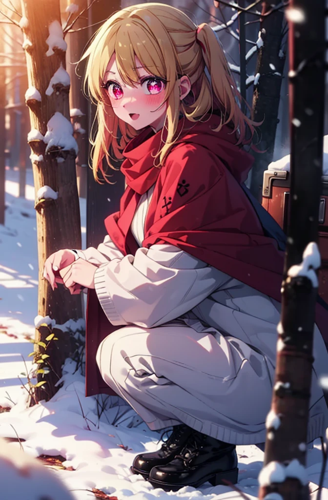 rubyhoshino, Hoshino Ruby, Long Hair, bangs, Blonde, (Pink Eyes:1.3), (Symbol-shaped pupil:1.5), Multicolored Hair, Two-tone hair, smile,blush,white breath,
Open your mouth,snow,Ground bonfire, Outdoor, boots, snowing, From the side, wood, suitcase, Cape, Blurred, , forest, White handbag, nature, Squat, Mouth closed, Cape, winter, Written boundary depth, Black shoes, red Cape break looking at viewer, Upper Body, whole body, break Outdoor, forest, nature, break (masterpiece:1.2), Highest quality, High resolution, unity 8k wallpaper, (shape:0.8), (Beautiful and beautiful eyes:1.6), Highly detailed face, Perfect lighting, Highly detailed CG, (Perfect hands, Perfect Anatomy),