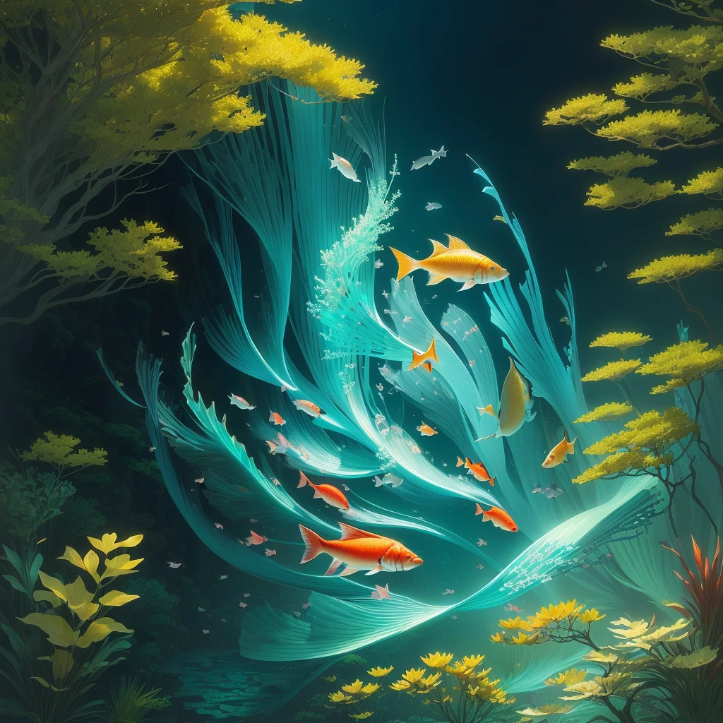 there are many Demand Fish swim in a pond of water, fish swimming, floating Demand fish, Demand fish, Demand fish, amazing wallpaper, Ian J., Demand pond, beautiful wallpaper, japanese art style, Fish swim around, Demand, Fish swim, fish, beautiful wallpaper на айфон, beautiful digital images, calm illustration, wallpaper for mobile phone, Ross Tran. picturesque background