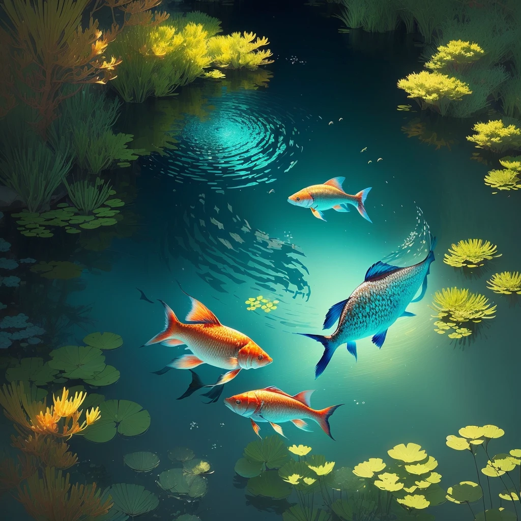 there are many Demand Fish swim in a pond of water, fish swimming, floating Demand fish, Demand fish, Demand fish, amazing wallpaper, Ian J., Demand pond, beautiful wallpaper, japanese art style, Fish swim around, Demand, Fish swim, fish, beautiful wallpaper на айфон, beautiful digital images, calm illustration, wallpaper for mobile phone, Ross Tran. picturesque background