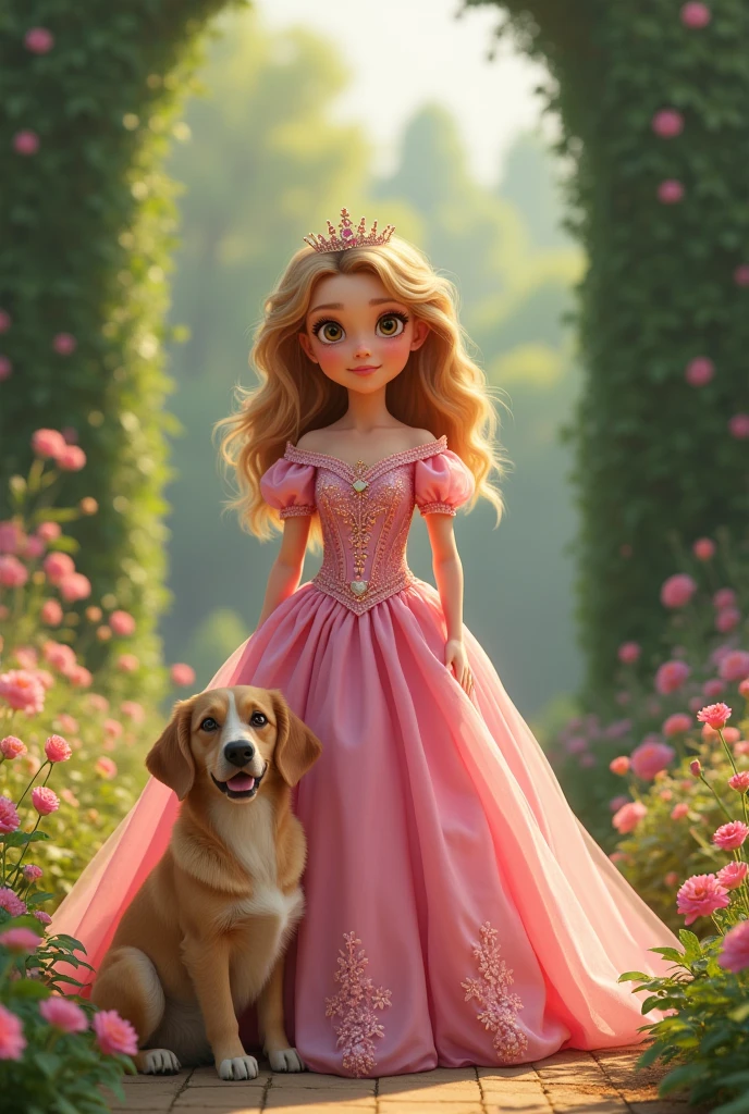 9 year old princess in long pink dress with blonde hair accompanied by a beige dog.