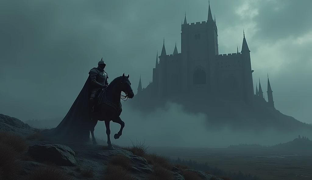 A picture of a black knight riding a black horse in front of a black castle the vibe should be dark and give it a fantasy look image should be landscape