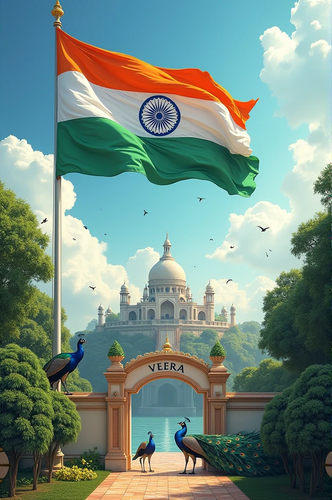 Beautiful Indian flag standing in the sky. island with beautiful peococks and Ashok chakra. Name displayed as Beautiful VEERA name on wall