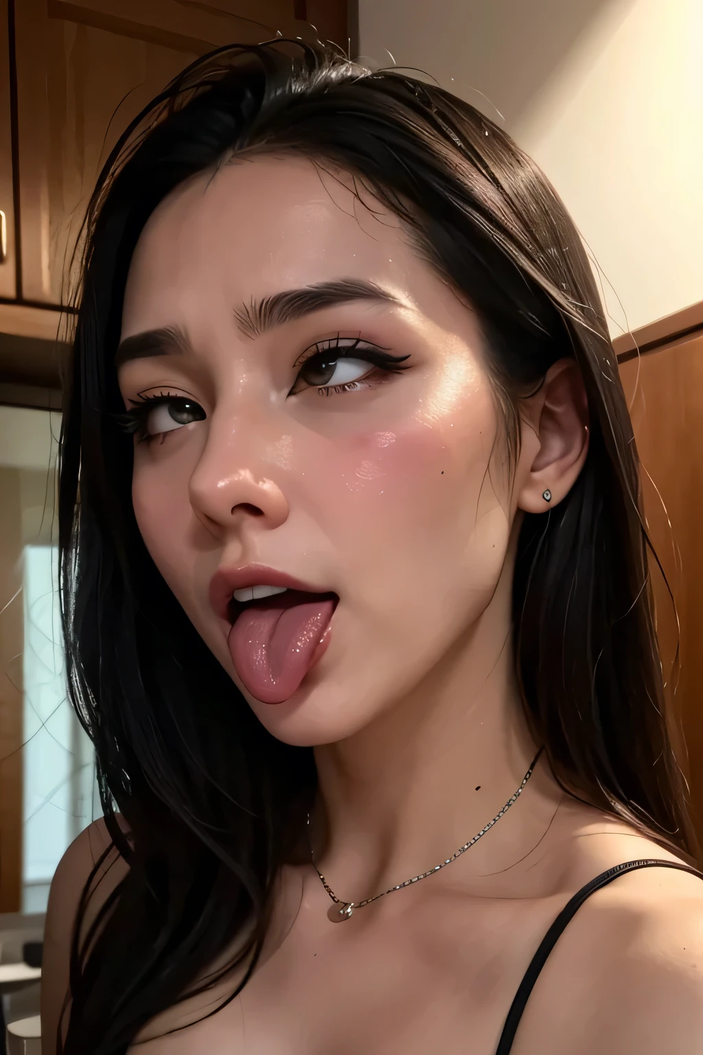 Tabletop,High resolution,High resolution, Award-winning photo, Realistic skin texture,Very detailed, Keep your eyes sharp and focused, Nose and mouth,Face Focus, Woman with open mouth and closed eyes, Black camisole、Age 35,Black-haired、Symmetrical face,Realistic nostrils、Angle from below、Elongated C-shaped nostrils,,,Browsing Caution,White Background、Sweaty skin、Lighting that highlights sweaty skin、((Hook Nose))Skin shiny with sweat、Glowing Skin、Sweaty hair、Ball gag、sunlight、
