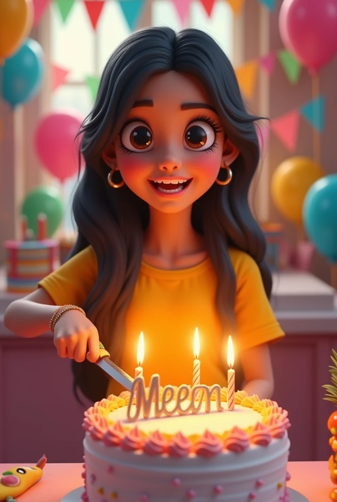 Create a 3d image in which a Indian teenager girl cutting Cake wearing yellow color top with Name "meenu" is written clearly on the Cake and 19 year candle burning on the cake, image features with birthday decorated view realistic image