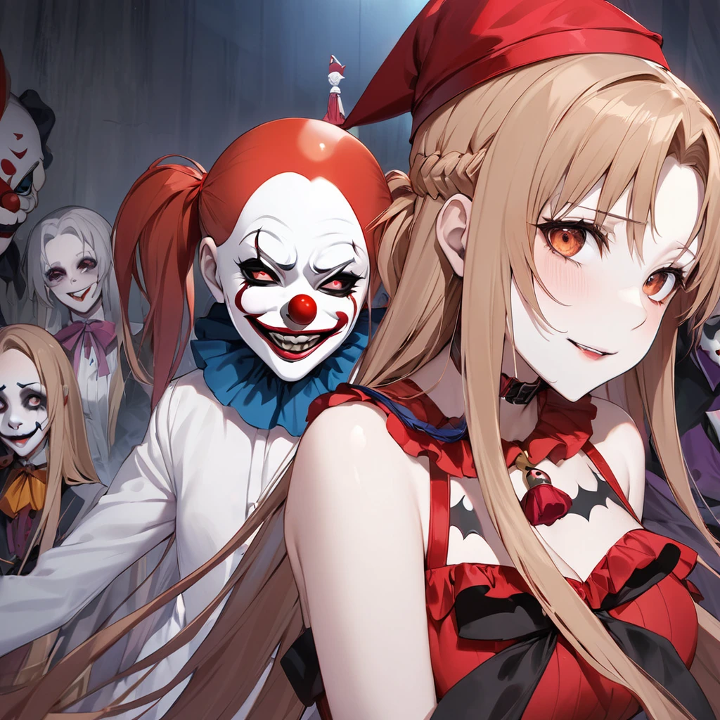 ((Highest quality)), ((masterpiece)), (detailed), (Perfect Face)、((The woman is Yuuki Asuna, with light brown, medium-long hair, pure white skin, and a creepy clown mask.))、The woman is dressed in a creepy clown costume, wearing a jester hat and has a creepy clown face with a red nose.、The woman is a creepy, evil, and lewd clown who has given her soul to an evil organization.、The evil circus troupe gathers together and the evil circus of hell begins.